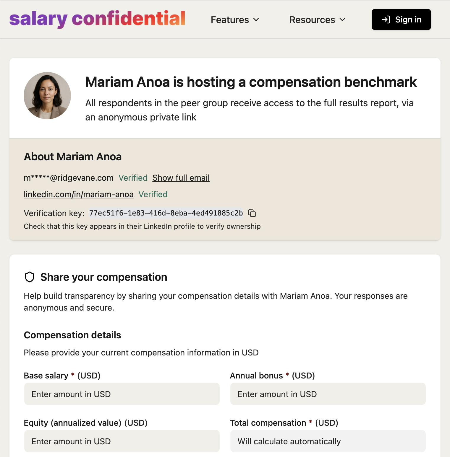 Survey form showing requester's verified identity and LinkedIn profile