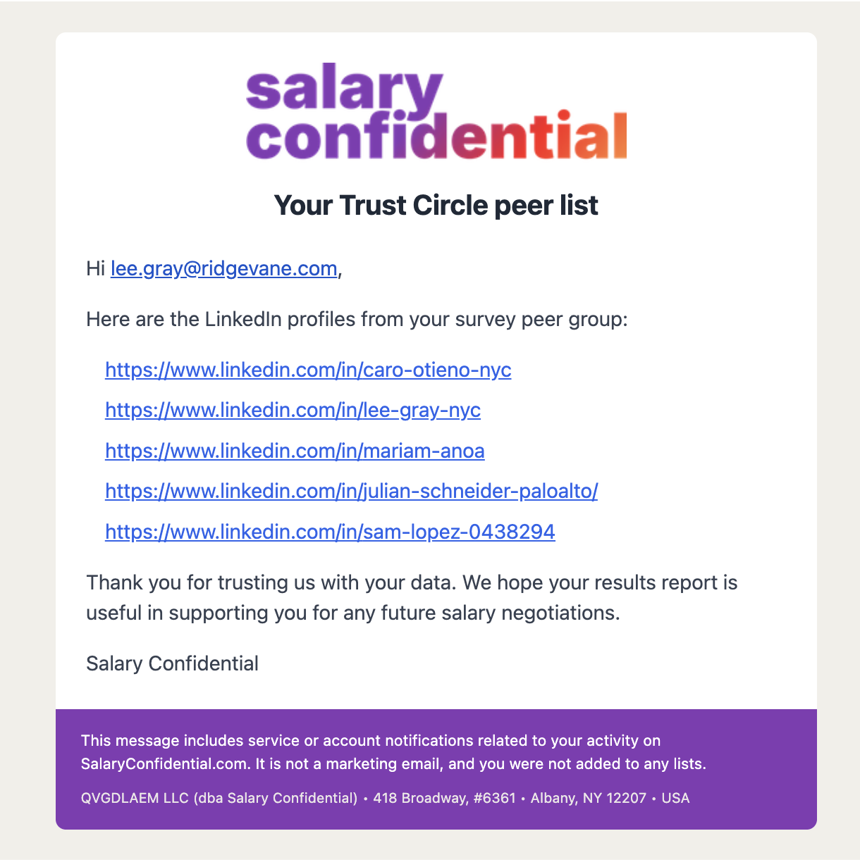 Trust Circle email confirmation screen